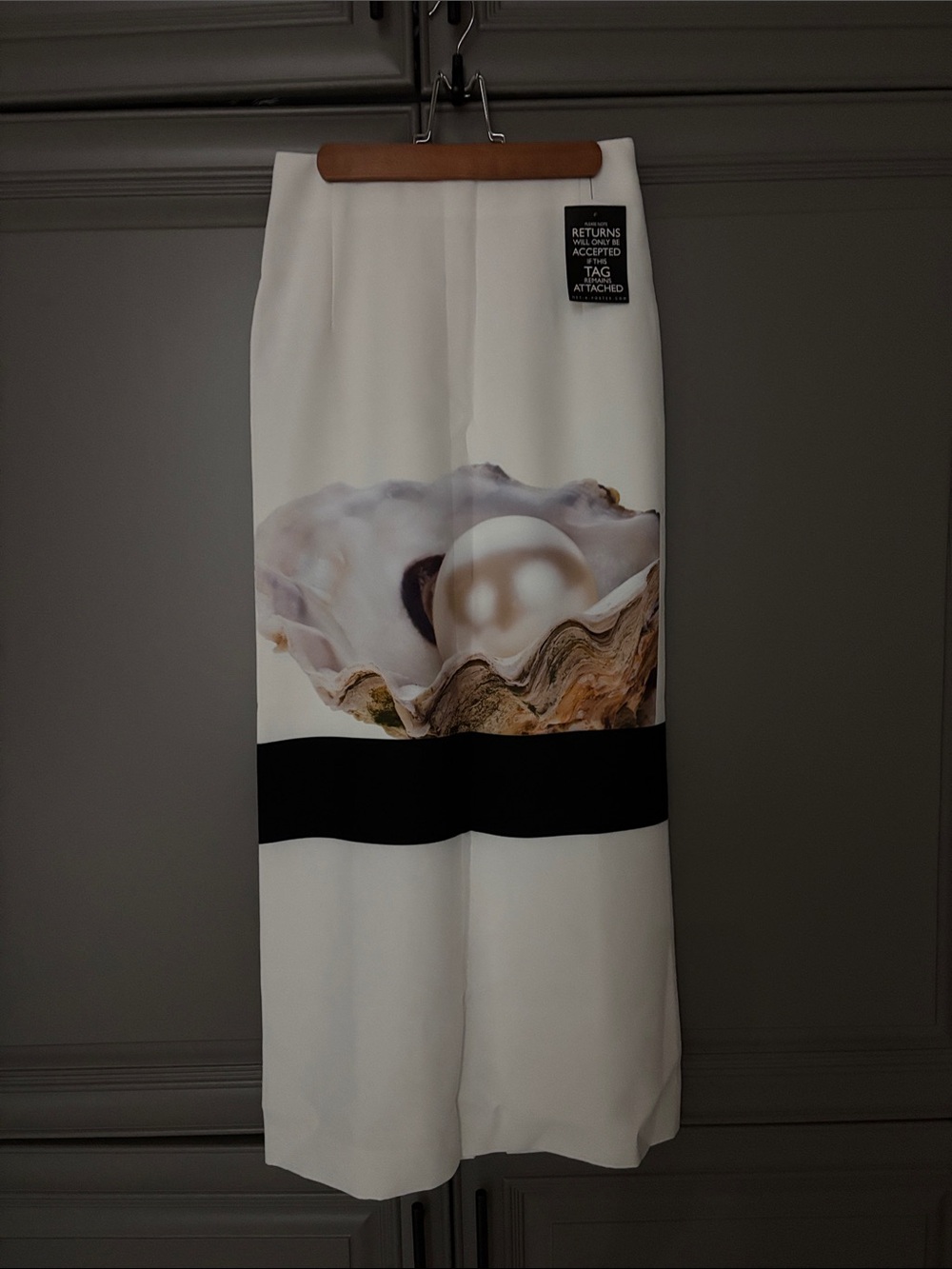 White Pearl-Print Maxi Skirt with Black Band